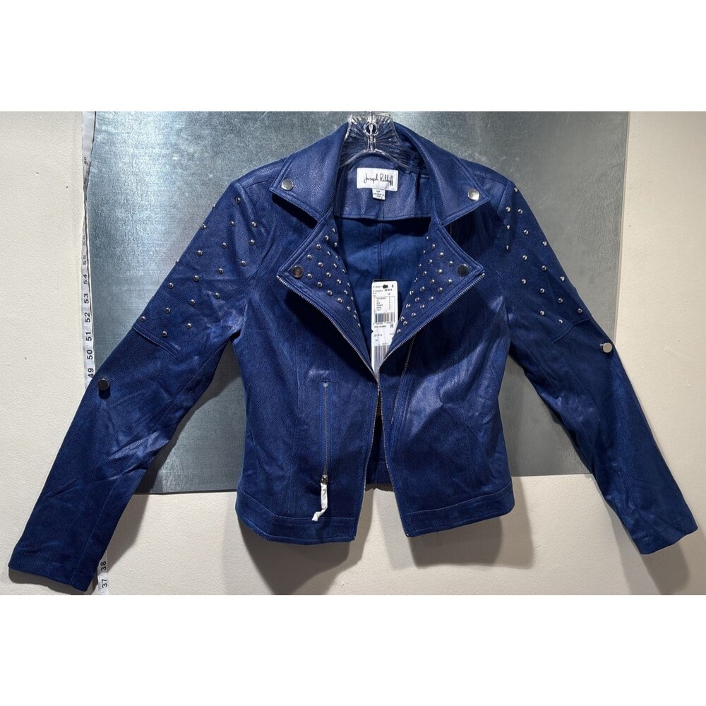 Joseph Ribkoff Royal Blue Studded Foiled Faux Suede Fitted Baller Moto Jacket S